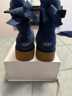 UGG Navy Suede Ankle Boots with Grosgrain Bow